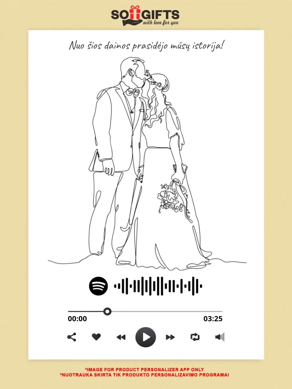 Personalizuotas Spotify muzikos grotuvas ant drobės su iliustracija, jūsų nuotrauka, daina ir spotify kodu
