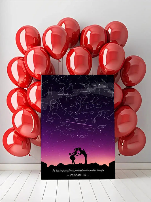 Personalizuotas viso spektro žvaigždžių žemėlapis ant drobės, su Meilės istorijos pasirinktu siluetu  Drobe -  dovanokis.lt