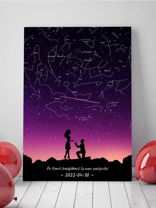 Personalizuotas viso spektro žvaigždžių žemėlapis ant drobės, su santuokos silueto pasirinkimu  Drobe -  dovanokis.lt