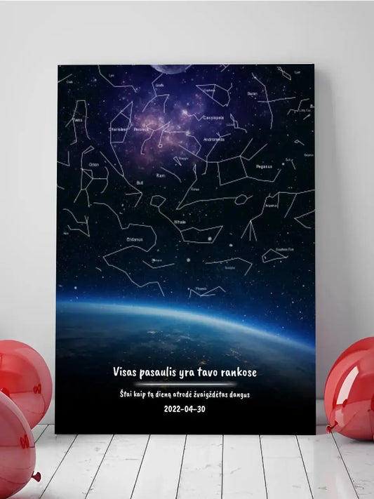 Personalizuotas viso spektro žvaigždžių žemėlapis ant drobės, žemės mėlynas šešėlis  Drobe -  dovanokis.lt