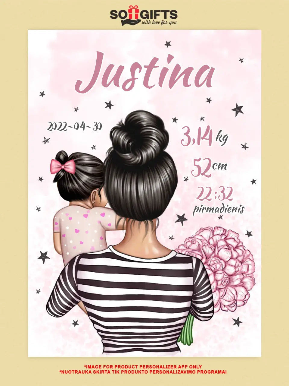Personalizuota Vaiko Gimimo Metrikų Iliustracija ant drobės, Mylimiausia mama, Mergaitės gimimo metrika