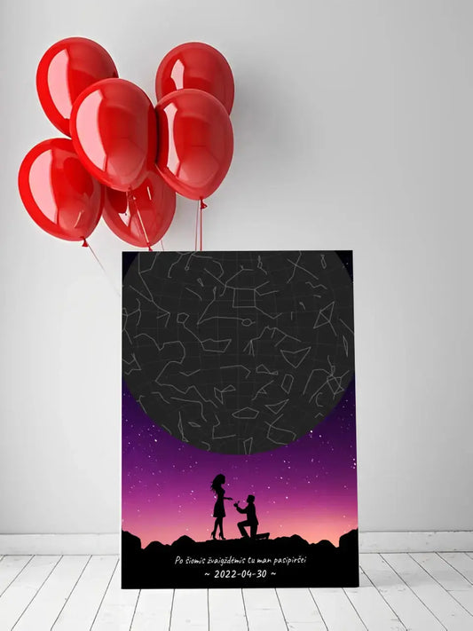 Personalizuotas viso spektro žvaigždžių žemėlapis ant drobės, su santuokos silueto pasirinkimu  Drobe -  dovanokis.lt