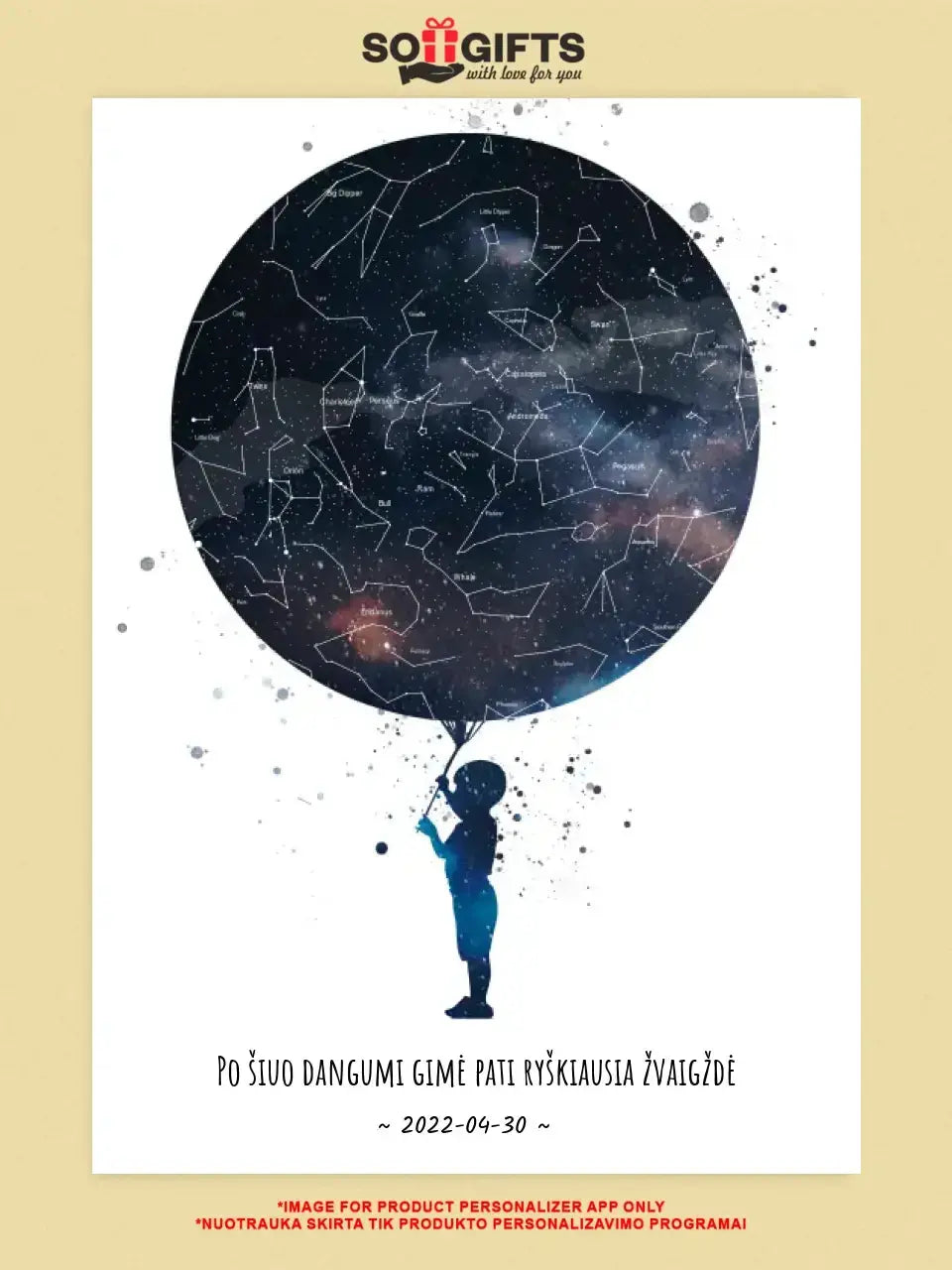 Personalizuotas vaikiškas žvaigždžių žemėlapis berniukui ant drobės  Drobe -  dovanokis.lt