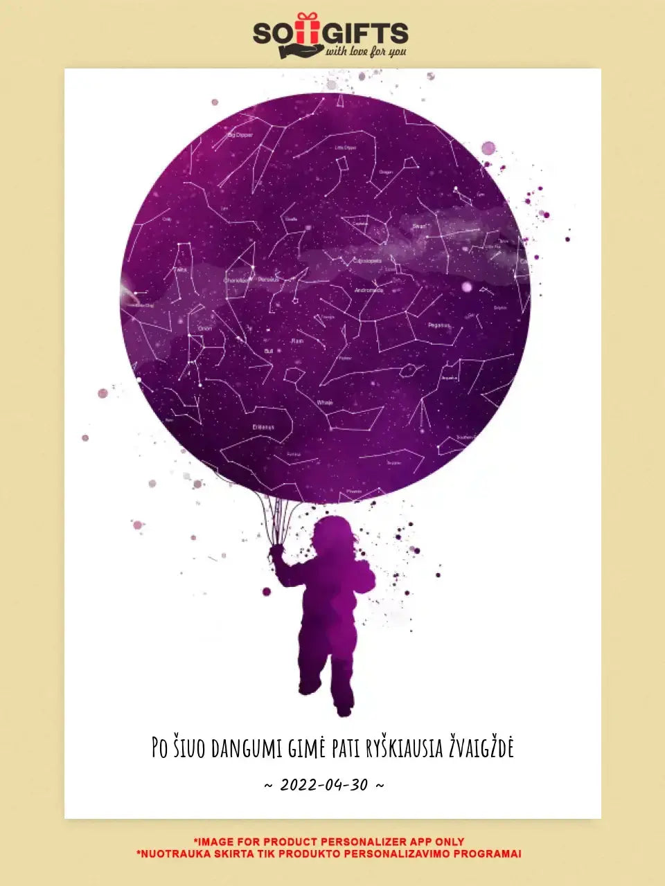Personalizuotas vaikiškas žvaigždžių žemėlapis ant drobės  Drobe -  dovanokis.lt