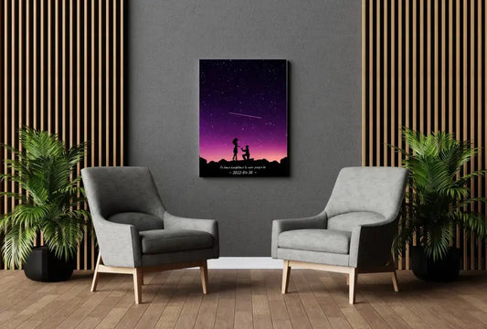 Personalizuotas viso spektro žvaigždžių žemėlapis ant drobės, su santuokos silueto pasirinkimu  Drobe -  dovanokis.lt