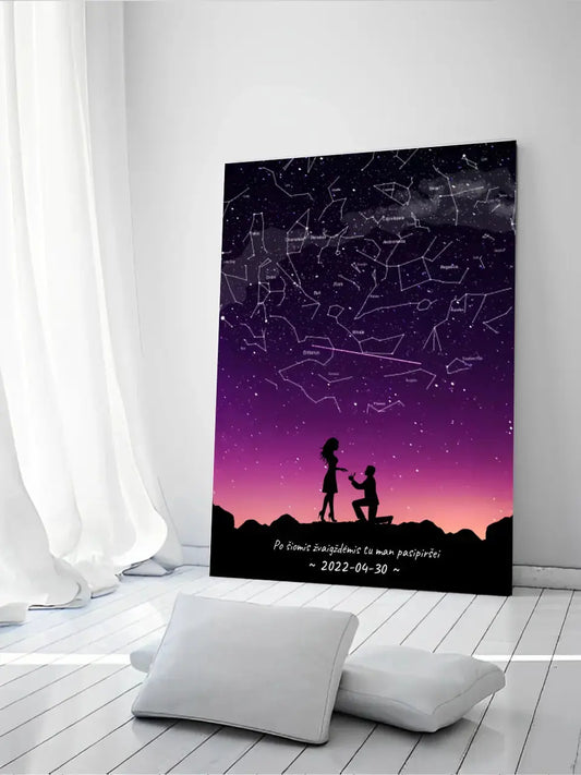 Personalizuotas viso spektro žvaigždžių žemėlapis ant drobės, su santuokos silueto pasirinkimu  Drobe -  dovanokis.lt