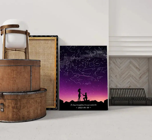 Personalizuotas viso spektro žvaigždžių žemėlapis ant drobės, su santuokos silueto pasirinkimu  Drobe -  dovanokis.lt