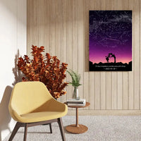 Personalizuotas viso spektro žvaigždžių žemėlapis ant drobės, su Meilės istorijos pasirinktu siluetu  Drobe -  dovanokis.lt