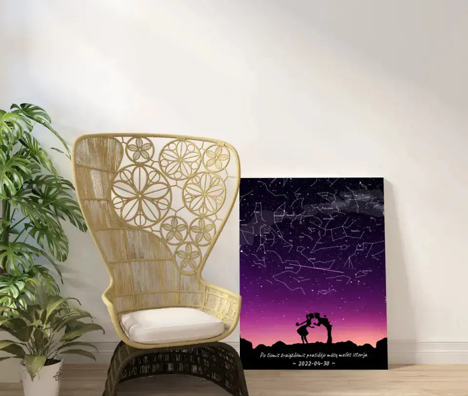 Personalizuotas viso spektro žvaigždžių žemėlapis ant drobės, su Meilės istorijos pasirinktu siluetu  Drobe -  dovanokis.lt