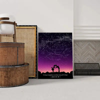 Personalizuotas viso spektro žvaigždžių žemėlapis ant drobės, su Meilės istorijos pasirinktu siluetu  Drobe -  dovanokis.lt