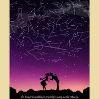 Personalizuotas viso spektro žvaigždžių žemėlapis ant drobės, su Meilės istorijos pasirinktu siluetu  Drobe -  dovanokis.lt