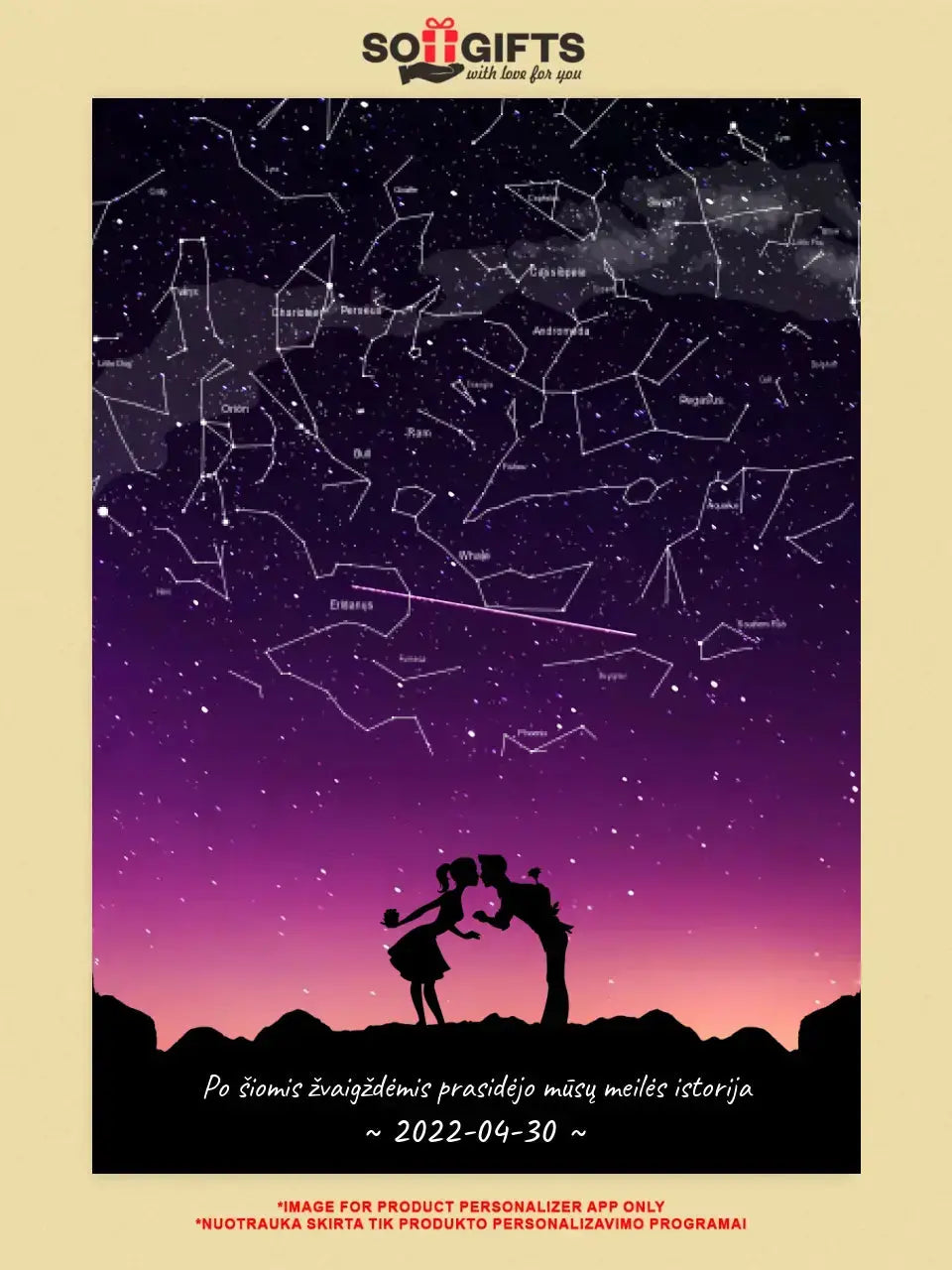 Personalizuotas viso spektro žvaigždžių žemėlapis ant drobės, su Meilės istorijos pasirinktu siluetu  Drobe -  dovanokis.lt