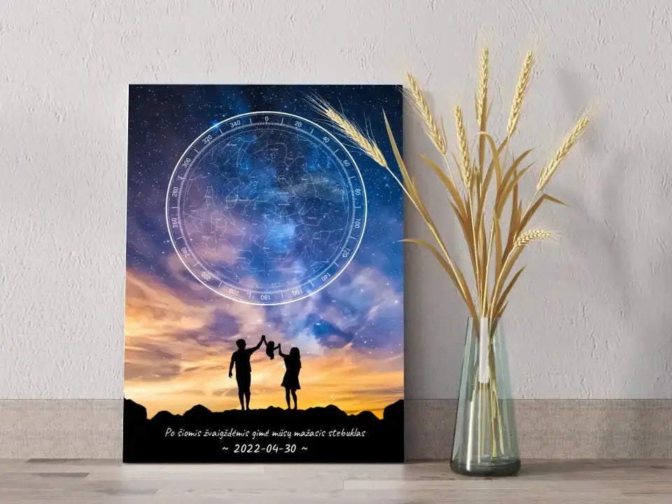 Personalizuotas žvaigždžių žemėlapis ant drobės, su šeimos pasirinktu siluetu  Drobe -  dovanokis.lt
