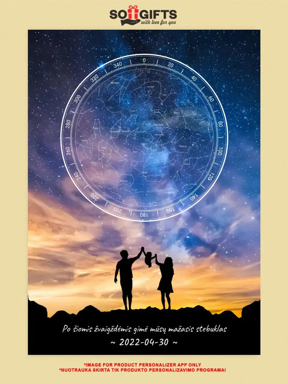 Personalizuotas žvaigždžių žemėlapis ant drobės, su šeimos pasirinktu siluetu  Drobe -  dovanokis.lt