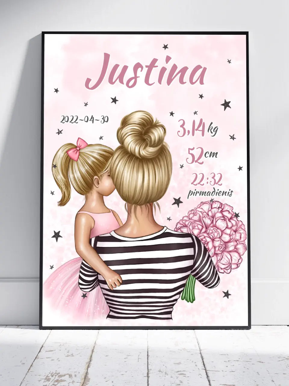 Personalizuota Vaiko Gimimo Metrikų Iliustracija Mylimiausia mama blondine, Mergaitės gimimo metrika, plakatas su rėmeliu