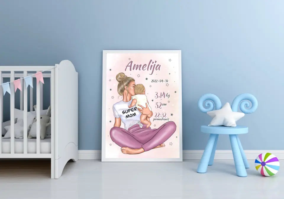 Personalizuota Vaiko Gimimo Metrikų Iliustracija Super Mama, Mergaitės gimimo metrika, plakatas su rėmeliu