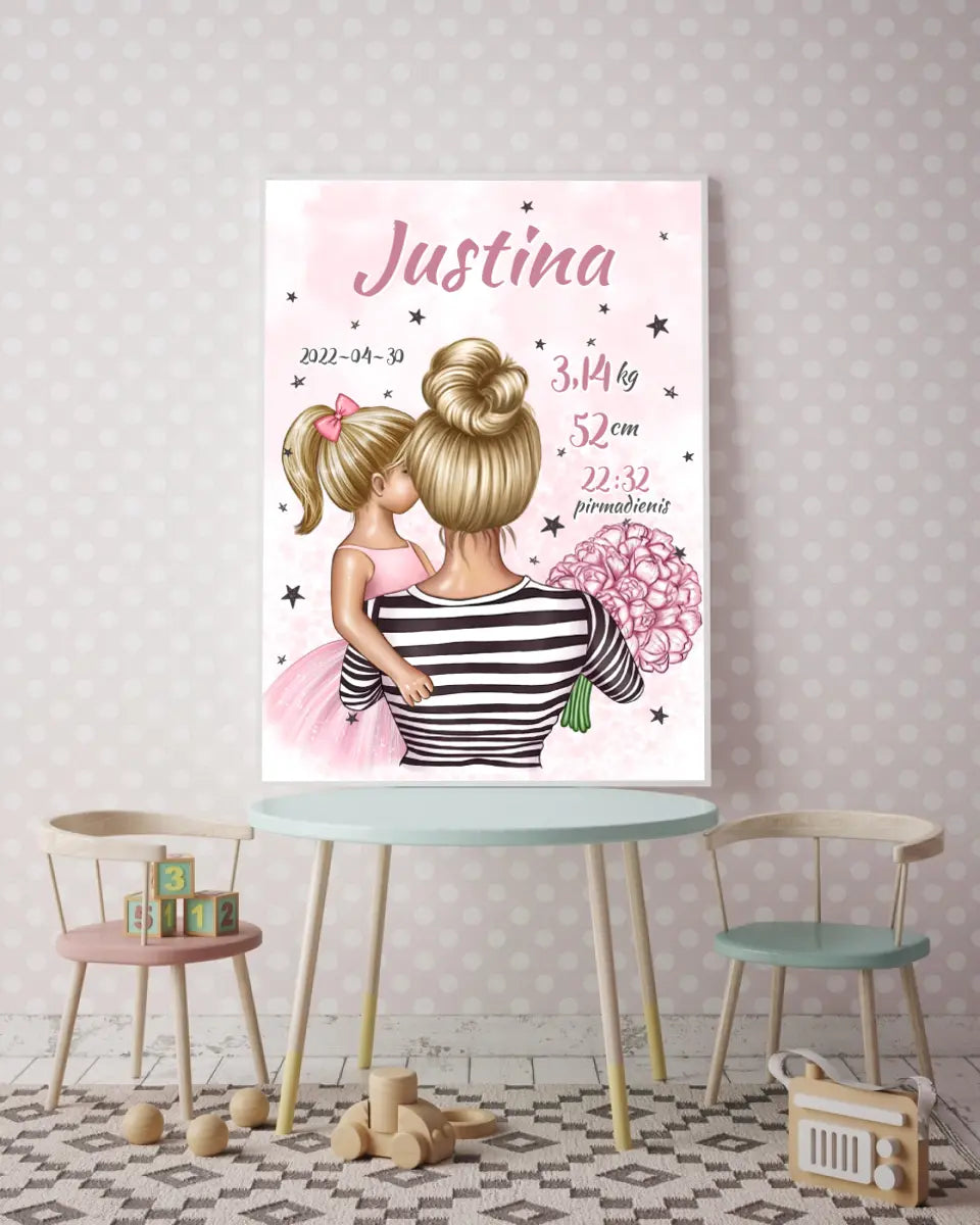Personalizuota Vaiko Gimimo Metrikų Iliustracija Mylimiausia mama blondine, Mergaitės gimimo metrika, plakatas su rėmeliu