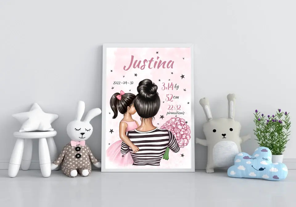 Personalizuota Vaiko Gimimo Metrikų Iliustracija Mylimiausia mama, Mergaitės gimimo metrika, plakatas su rėmeliu