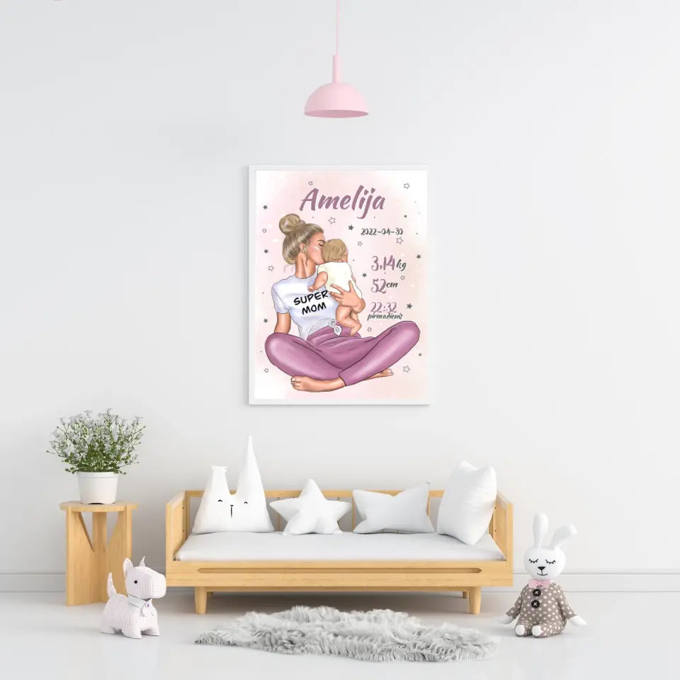 Personalizuota Vaiko Gimimo Metrikų Iliustracija Super Mama, Mergaitės gimimo metrika, plakatas su rėmeliu