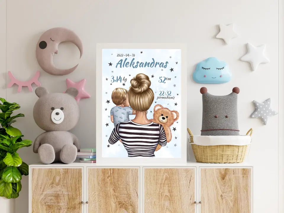 Personalizuota Vaiko Gimimo Metrikų Iliustracija Mylimiausia mama, Berniuko gimimo metrika, plakatas su rėmeliu
