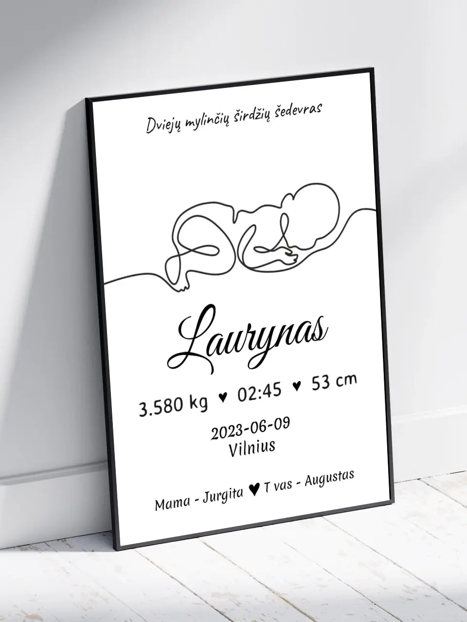 Personalizuota Vaiko / Kūdikio Gimimo Metrika su linijine iliustracija, plakatas su rėmeliu