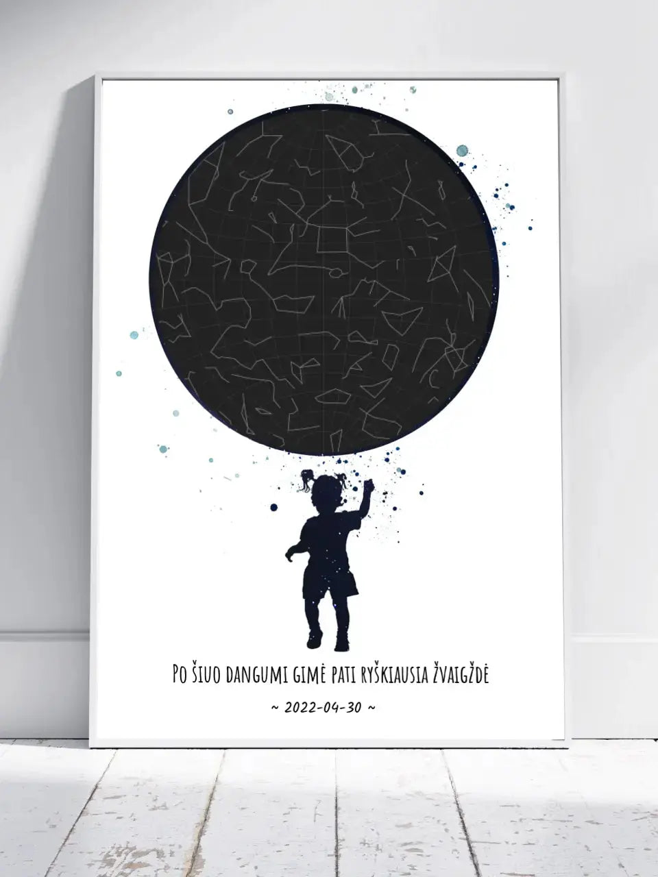 Personalizuotas vaikiškas žvaigždžių žemėlapis mergaitei, plakatas su rėmeliu  Poster -  dovanokis.lt