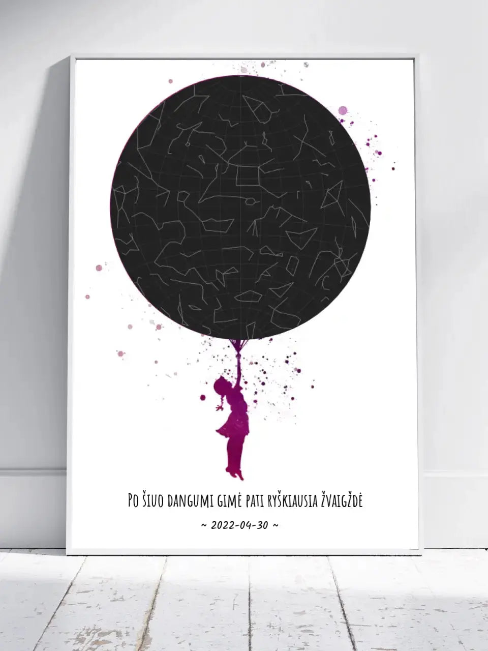 Personalizuotas vaikiškas žvaigždžių žemėlapis mergaitei, plakatas su rėmeliu  Poster -  dovanokis.lt