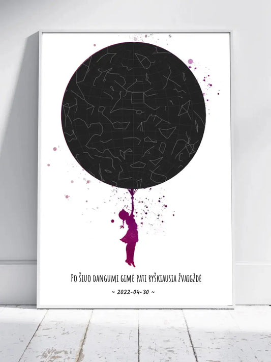 Personalizuotas vaikiškas žvaigždžių žemėlapis mergaitei, plakatas su rėmeliu  Poster -  dovanokis.lt