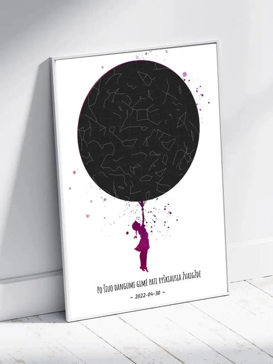 Personalizuotas vaikiškas žvaigždžių žemėlapis mergaitei, plakatas su rėmeliu  Poster -  dovanokis.lt