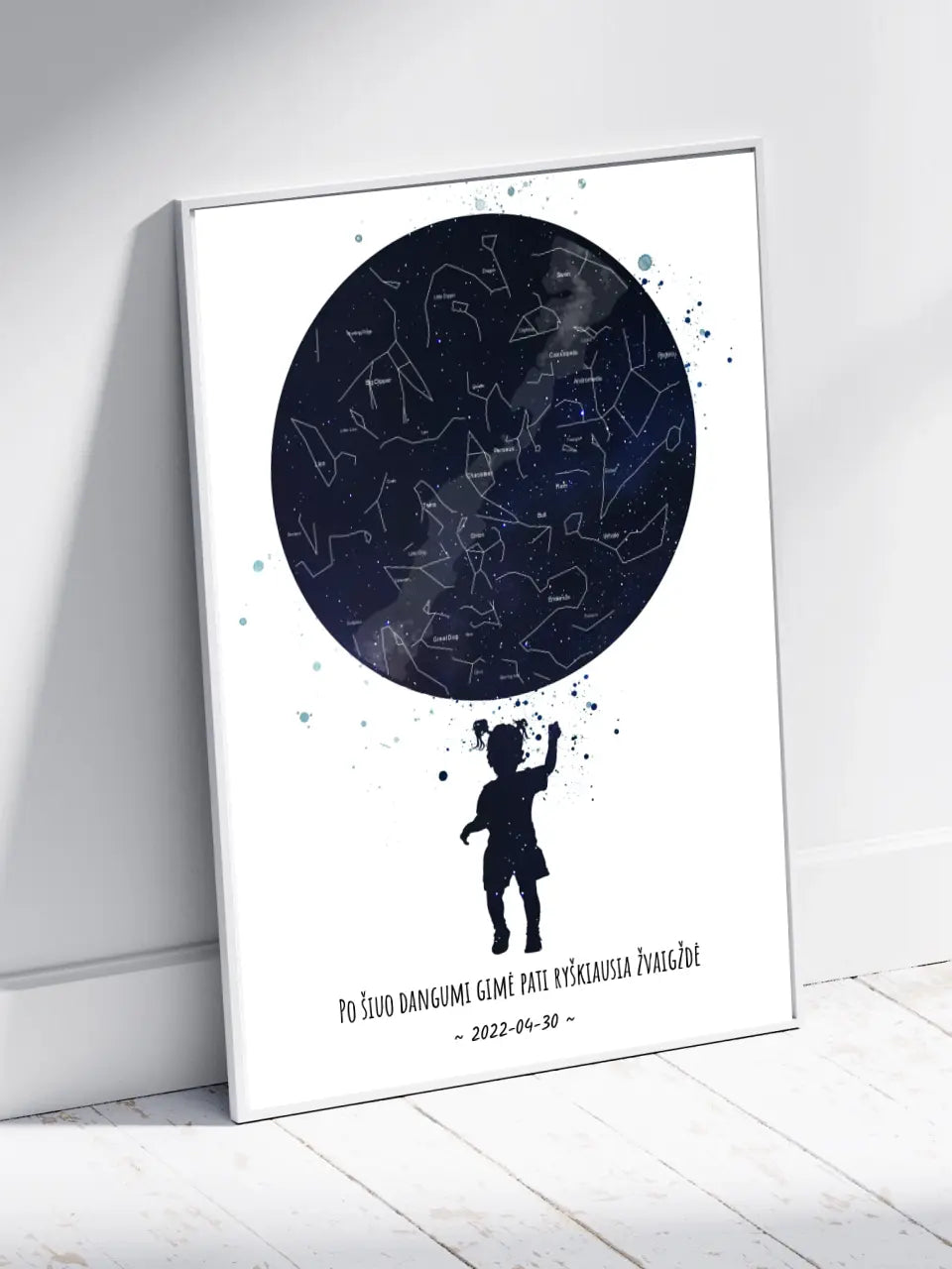 Personalizuotas vaikiškas žvaigždžių žemėlapis mergaitei, plakatas su rėmeliu