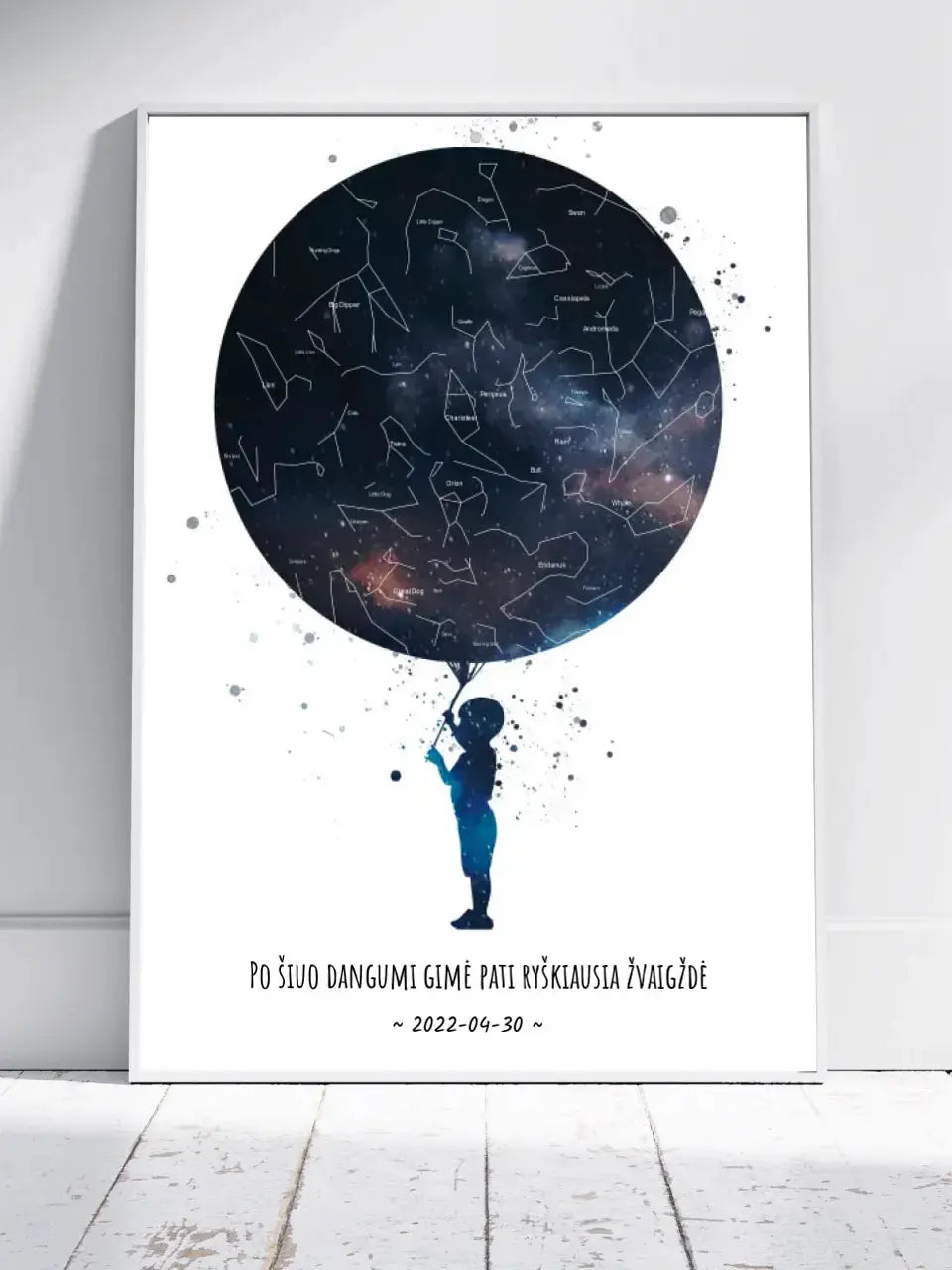 Personalizuotas vaikiškas žvaigždžių žemėlapis berniukui, plakatas su rėmeliu  Poster -  dovanokis.lt