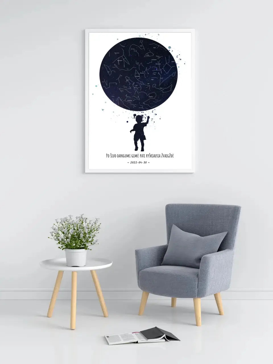 Personalizuotas vaikiškas žvaigždžių žemėlapis mergaitei, plakatas su rėmeliu  Poster -  dovanokis.lt