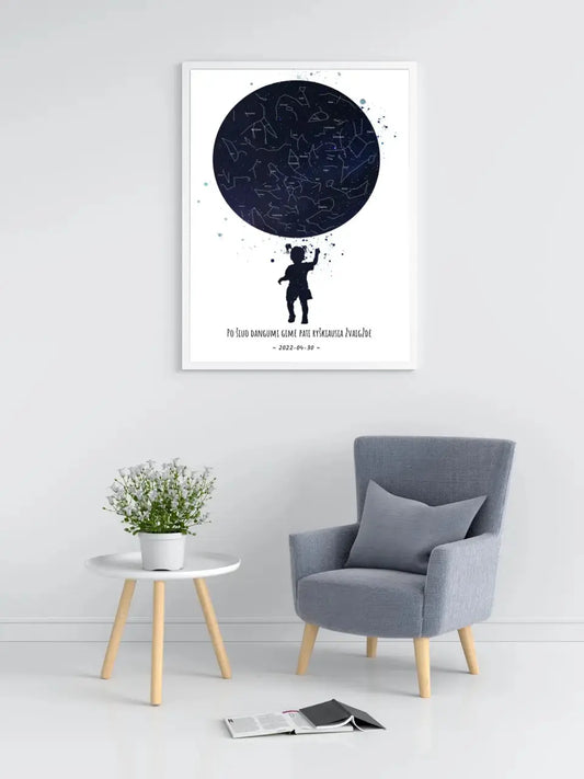 Personalizuotas vaikiškas žvaigždžių žemėlapis mergaitei, plakatas su rėmeliu  Poster -  dovanokis.lt