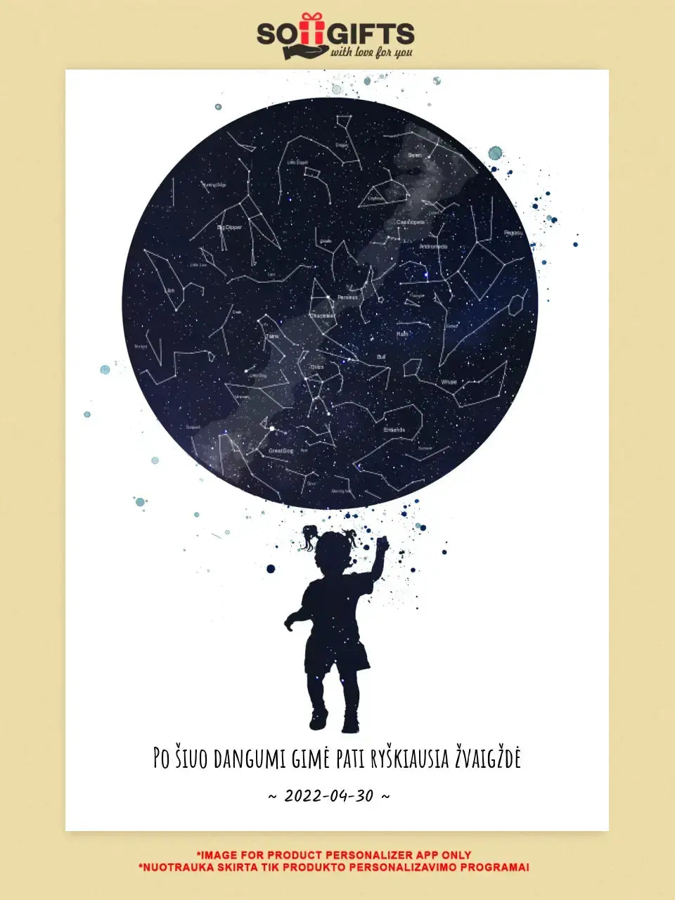 Personalizuotas vaikiškas žvaigždžių žemėlapis mergaitei, plakatas su rėmeliu  Poster -  dovanokis.lt