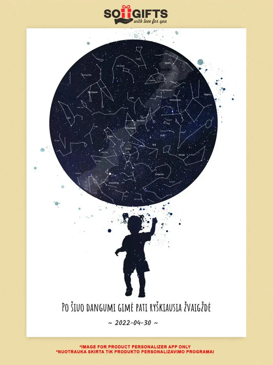 Personalizuotas vaikiškas žvaigždžių žemėlapis mergaitei, plakatas su rėmeliu  Poster -  dovanokis.lt
