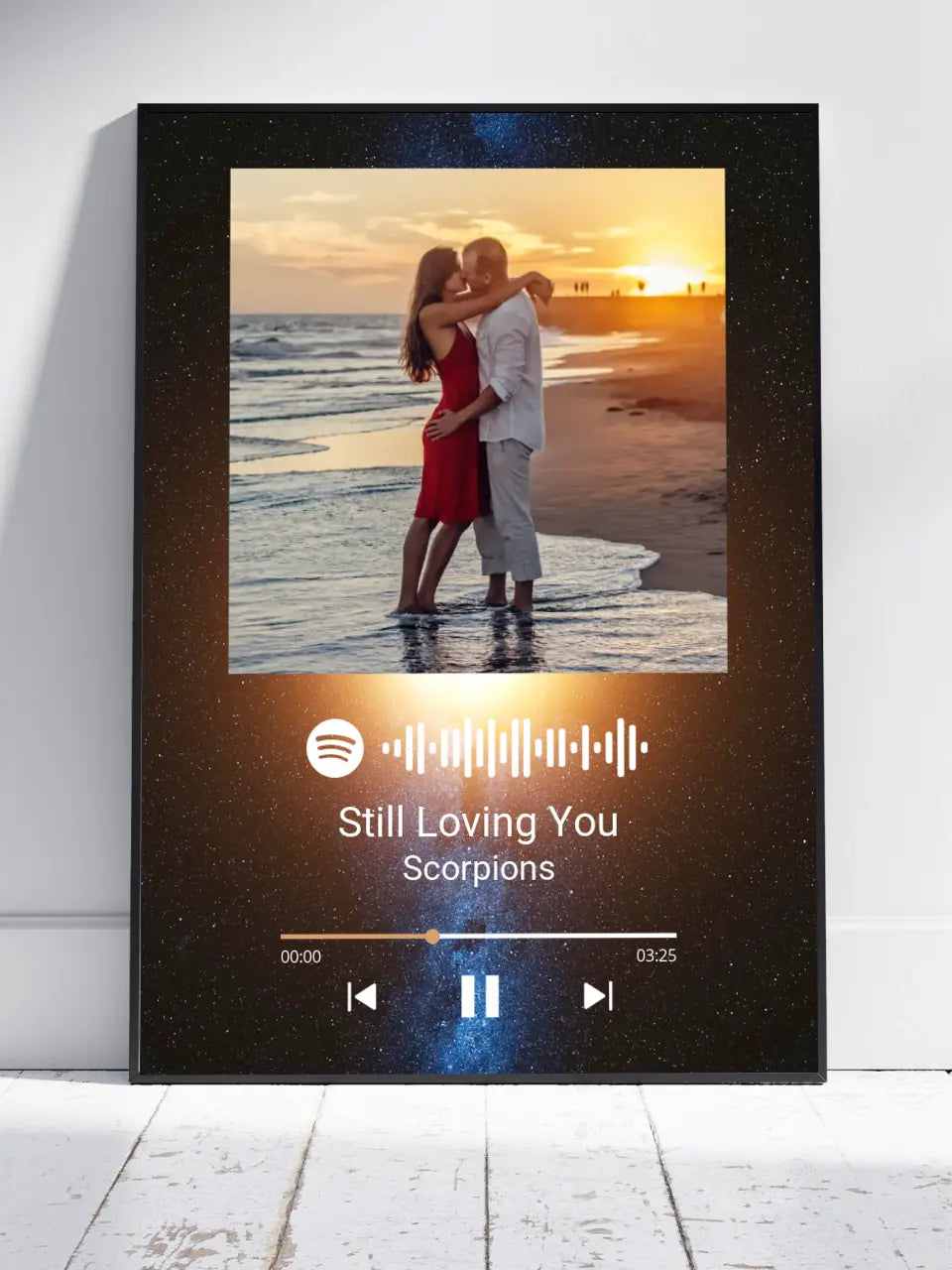 Personalizuotas Spotify muzikos grotuvo plakatas su jūsų nuotrauka, fonu, daina ir spotify kodu