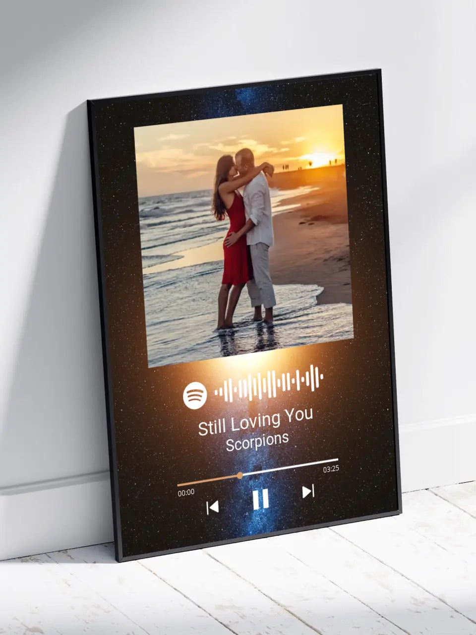 Personalizuotas Spotify muzikos grotuvo plakatas su jūsų nuotrauka, fonu, daina ir spotify kodu