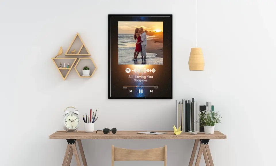 Personalizuotas Spotify muzikos grotuvo plakatas su jūsų nuotrauka, fonu, daina ir spotify kodu