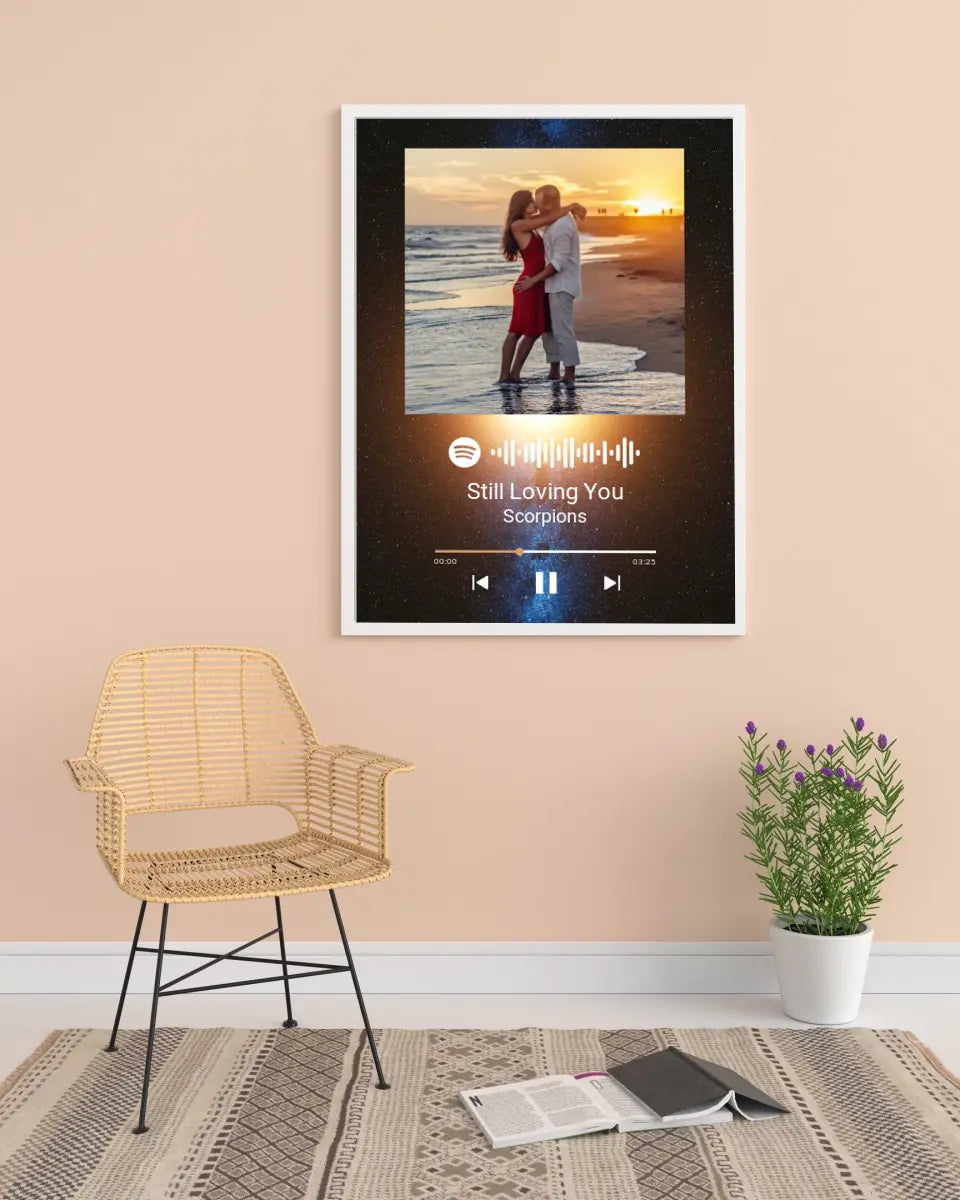 Personalizuotas Spotify muzikos grotuvo plakatas su jūsų nuotrauka, fonu, daina ir spotify kodu