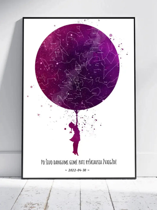 Personalizuotas vaikiškas žvaigždžių žemėlapis mergaitei, plakatas su rėmeliu  Poster -  dovanokis.lt