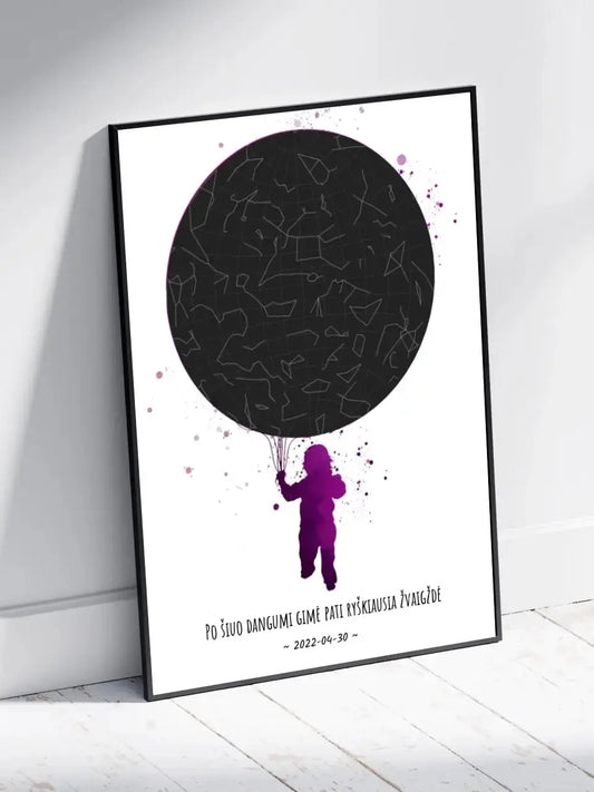 Personalizuotas vaikiškas žvaigždžių žemėlapis, plakatas su rėmeliu  Poster -  dovanokis.lt