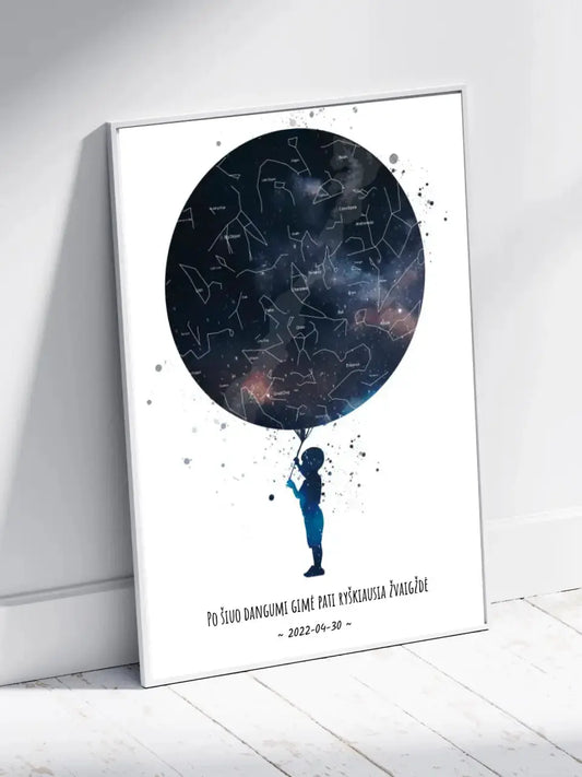 Personalizuotas vaikiškas žvaigždžių žemėlapis berniukui, plakatas su rėmeliu  Poster -  dovanokis.lt