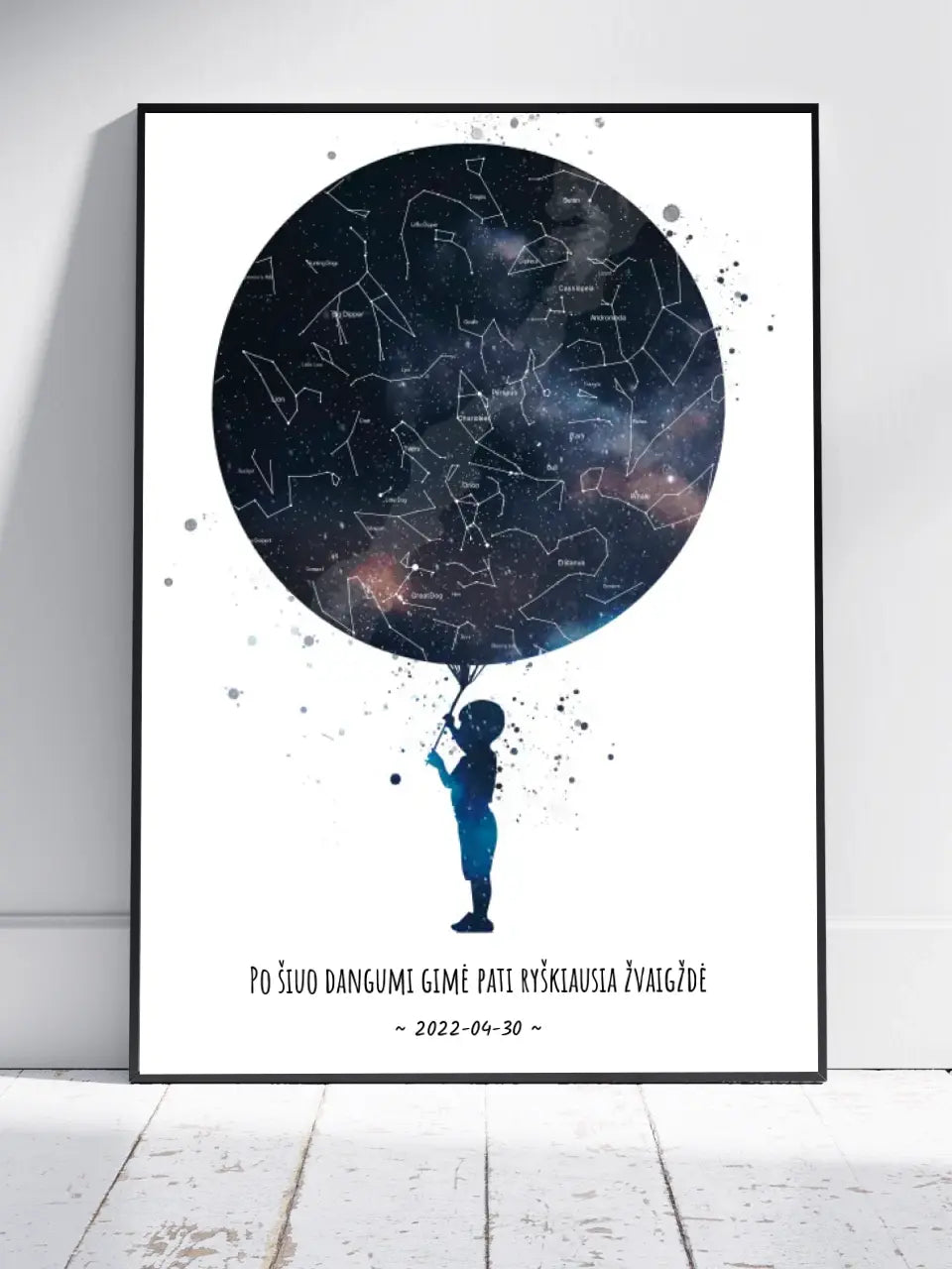 Personalizuotas vaikiškas žvaigždžių žemėlapis berniukui, plakatas su rėmeliu
