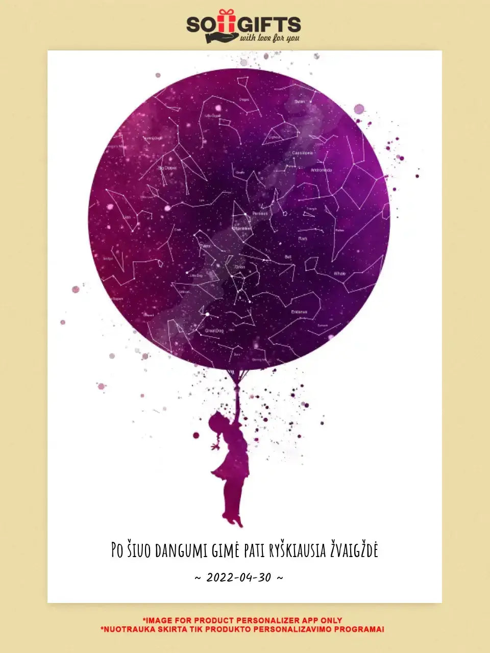 Personalizuotas vaikiškas žvaigždžių žemėlapis mergaitei, plakatas su rėmeliu  Poster -  dovanokis.lt