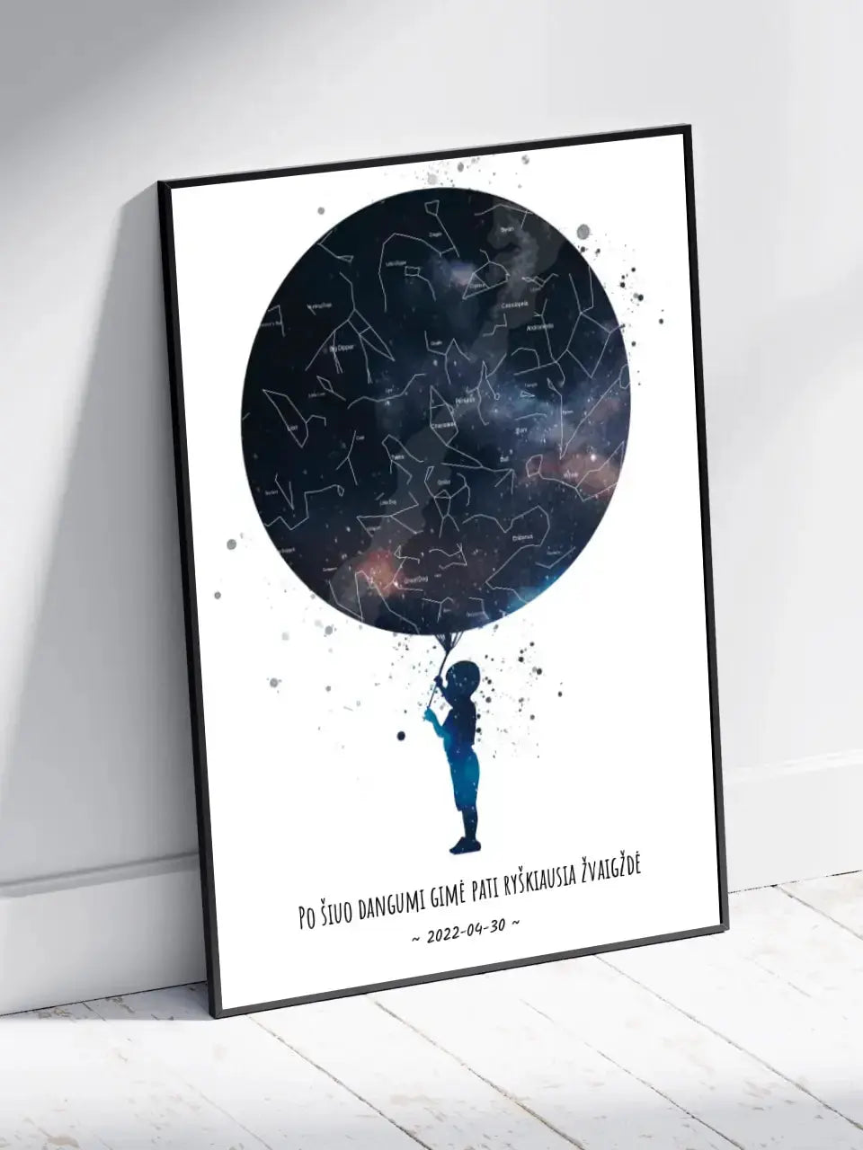 Personalizuotas vaikiškas žvaigždžių žemėlapis berniukui, plakatas su rėmeliu  Poster -  dovanokis.lt