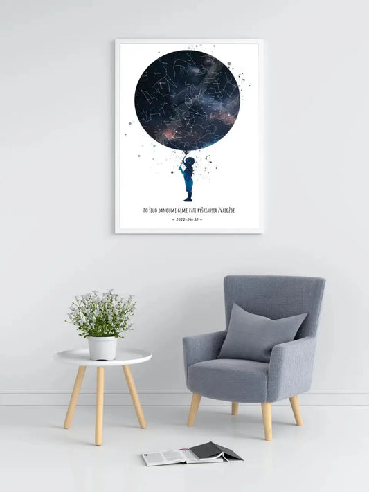 Personalizuotas vaikiškas žvaigždžių žemėlapis berniukui, plakatas su rėmeliu  Poster -  dovanokis.lt