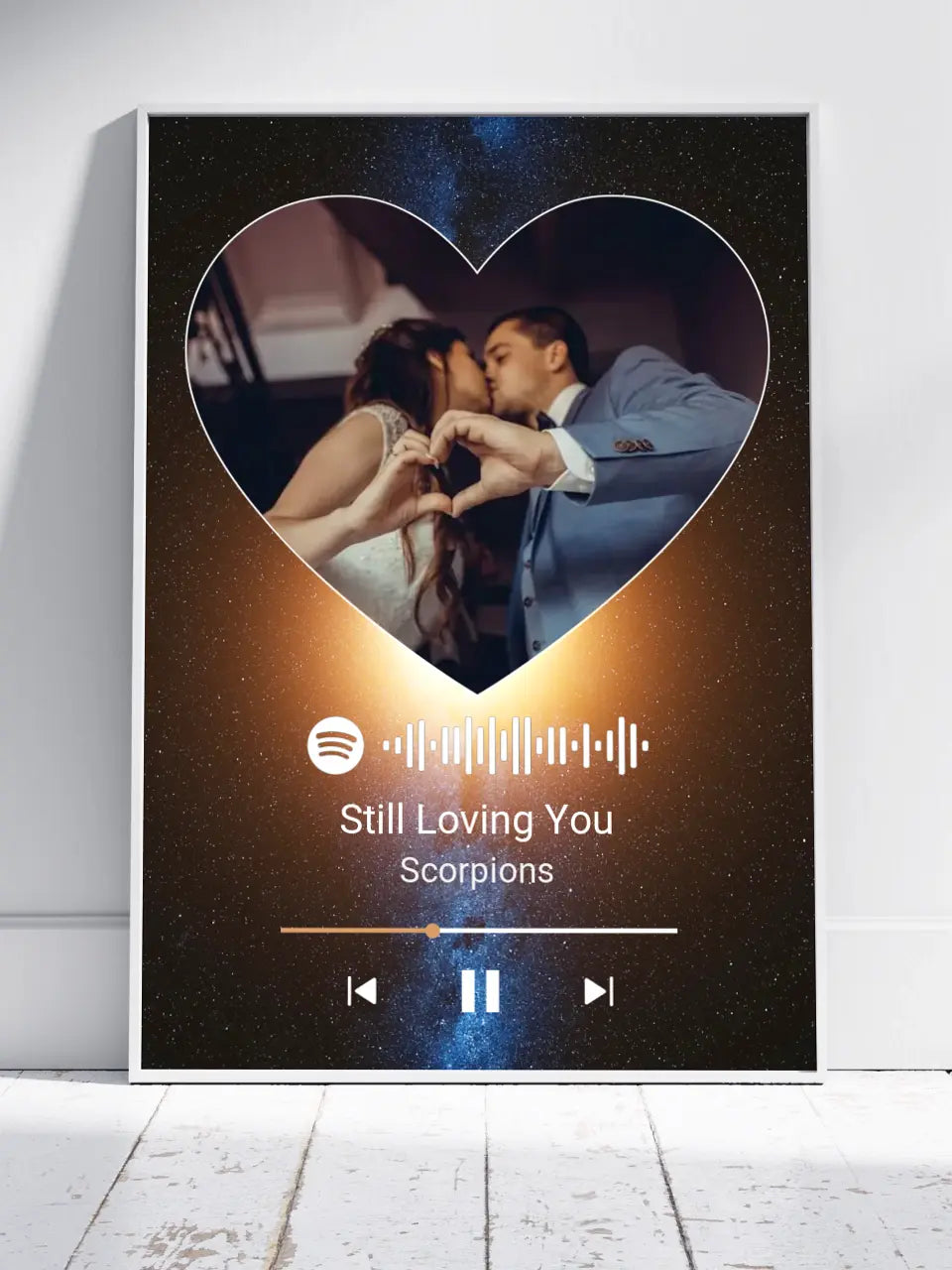 Personalizuotas Spotify muzikos grotuvo plakatas su jūsų nuotrauka, fonu, daina ir spotify kodu