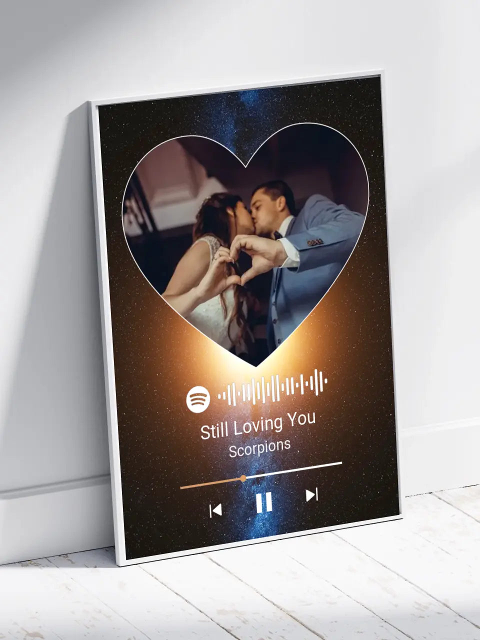 Personalizuotas Spotify muzikos grotuvo plakatas su jūsų nuotrauka, fonu, daina ir spotify kodu