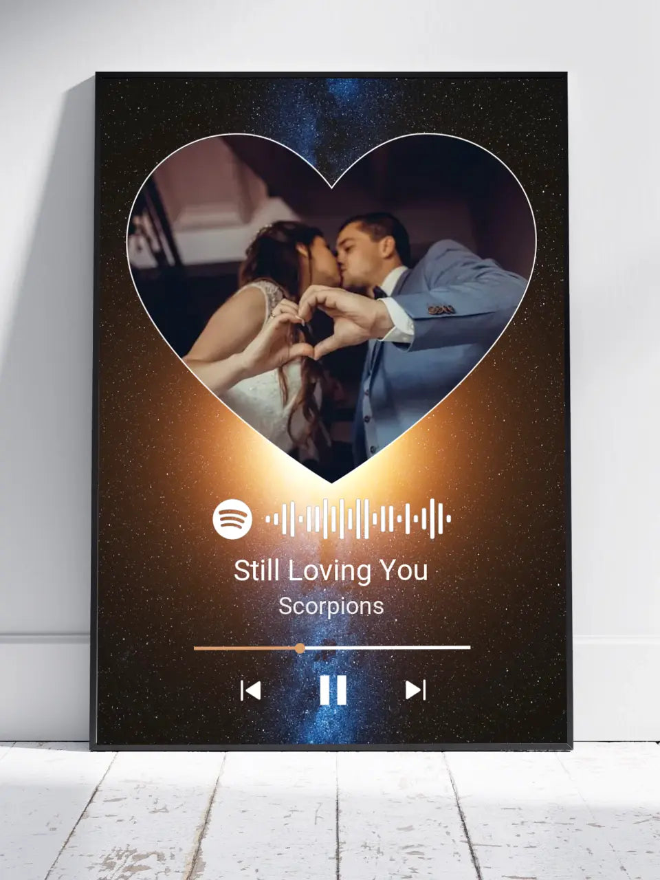 Personalizuotas Spotify muzikos grotuvo plakatas su jūsų nuotrauka, fonu, daina ir spotify kodu