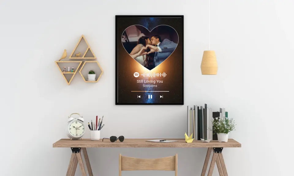 Personalizuotas Spotify muzikos grotuvo plakatas su jūsų nuotrauka, fonu, daina ir spotify kodu